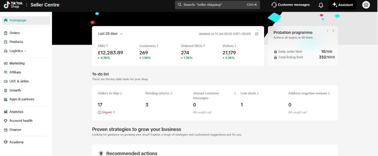 TikTok Shop Seller Centre – GMV £12,283.89
